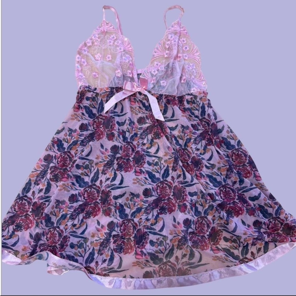Floral Lace Nightgown with Pink Accents